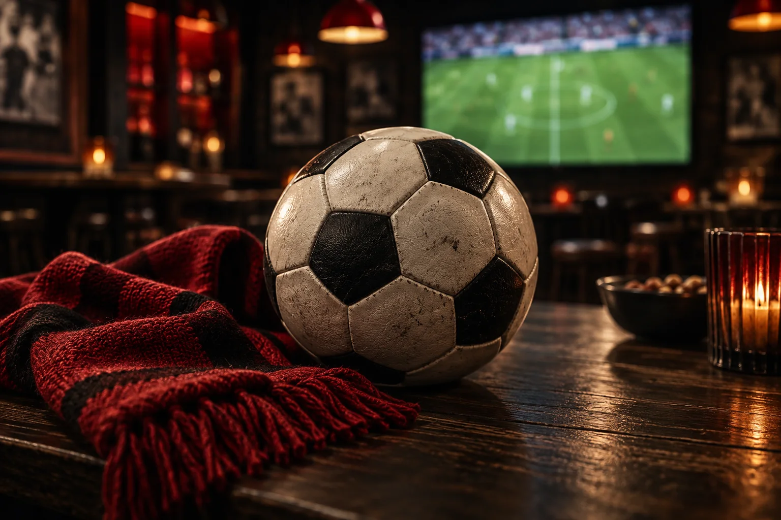 Illustration: Fußball und roter Fanschal in einer Sportsbar